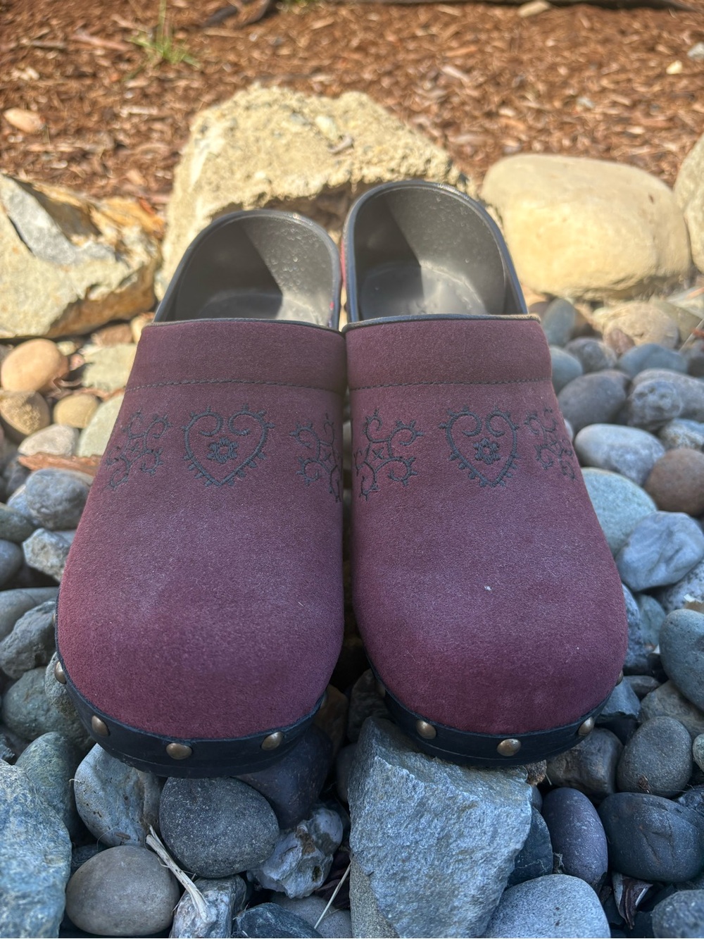 Sanita Burgundy Suede Studded Clogs 38 - Picture 3 of 6